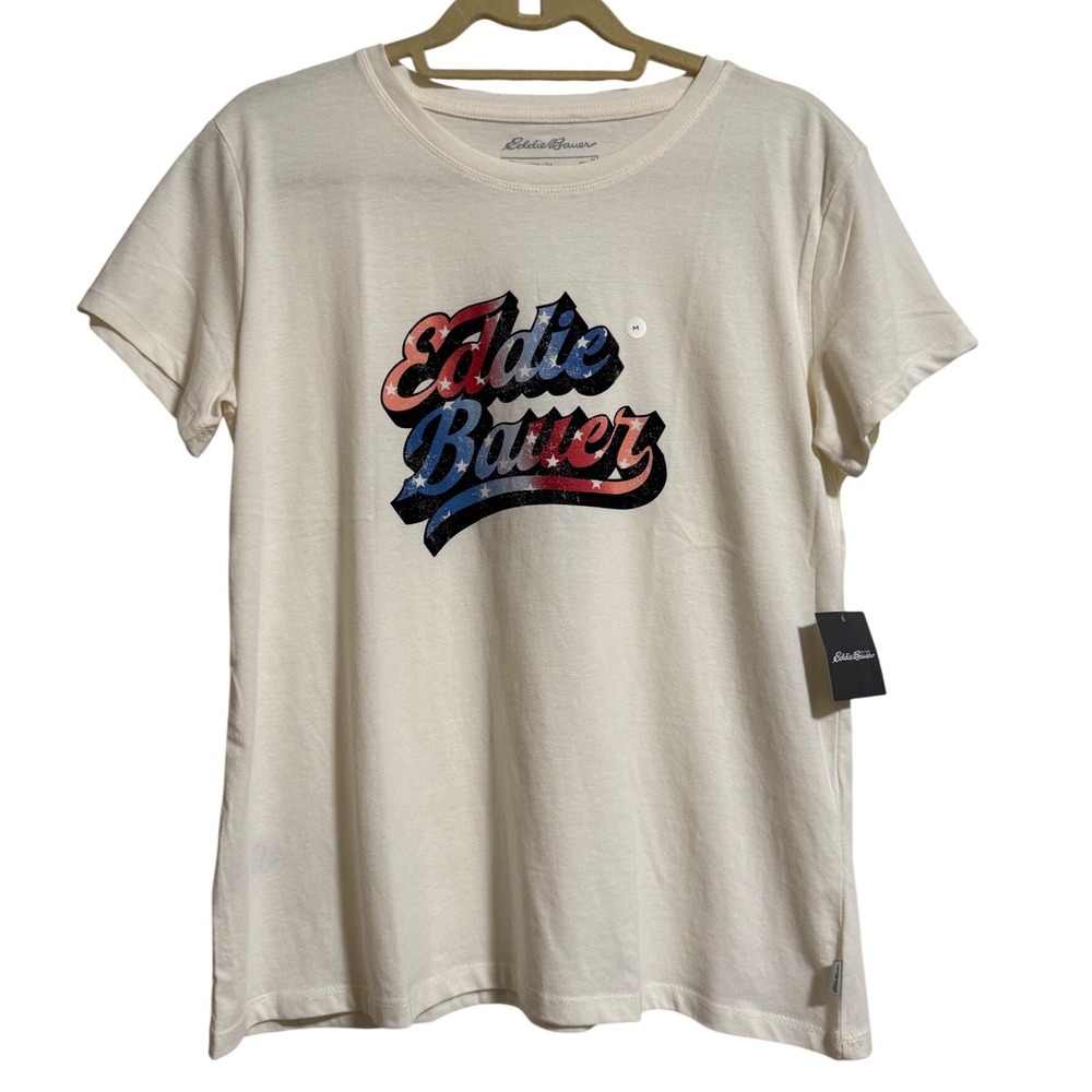 Eddie Bauer Womens Ivory Patriotic Logo Graphic T-Shirt Crew Neck‎ NWT Size M